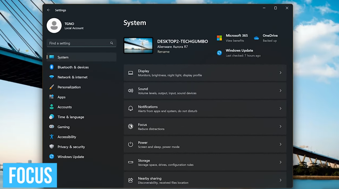 Laptop screen showing Focus settings