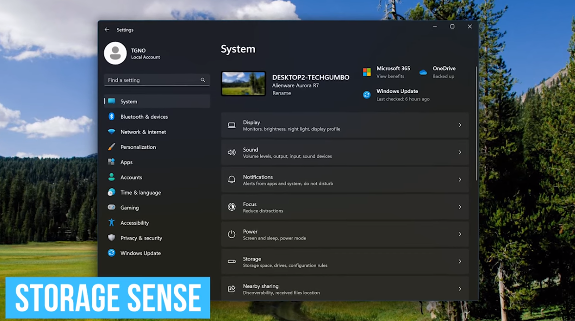 Laptop screen showing storage management settings.